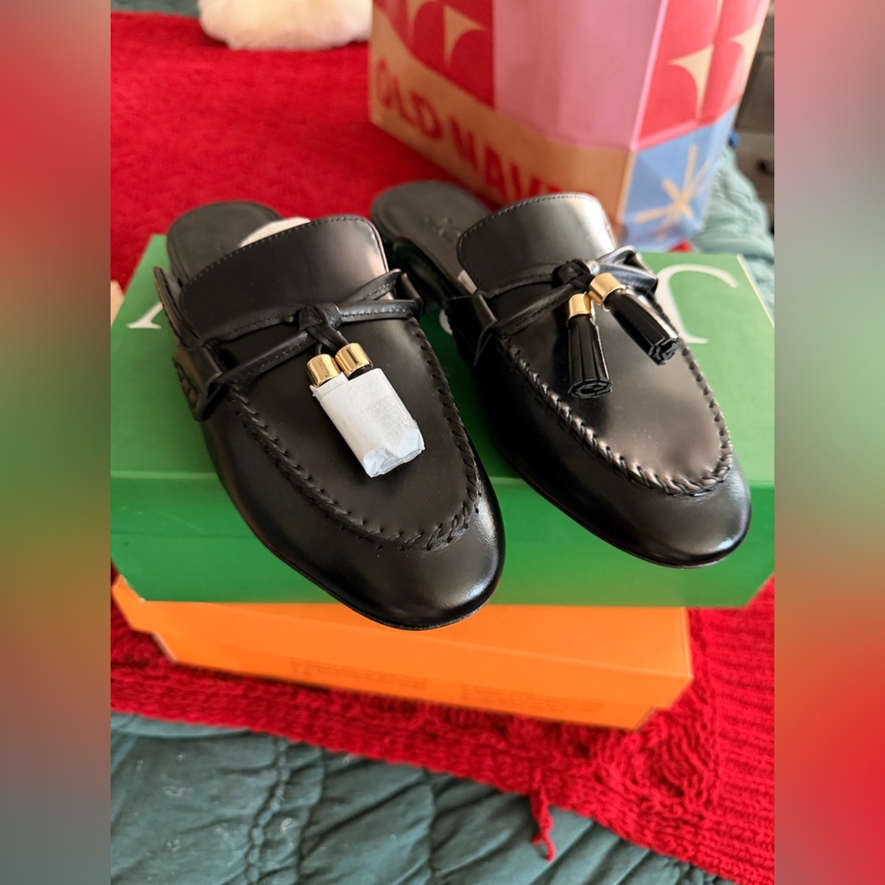 JCREW Black Tassel Leather Mule Loafers